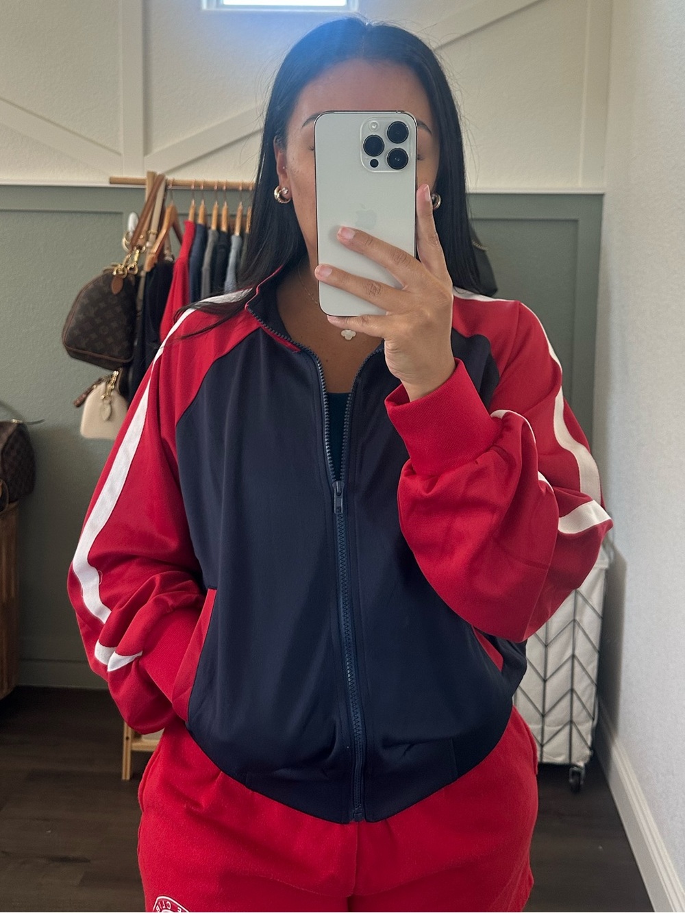 Fashion Nova Red and Navy Zip-Up Bomber Jacket